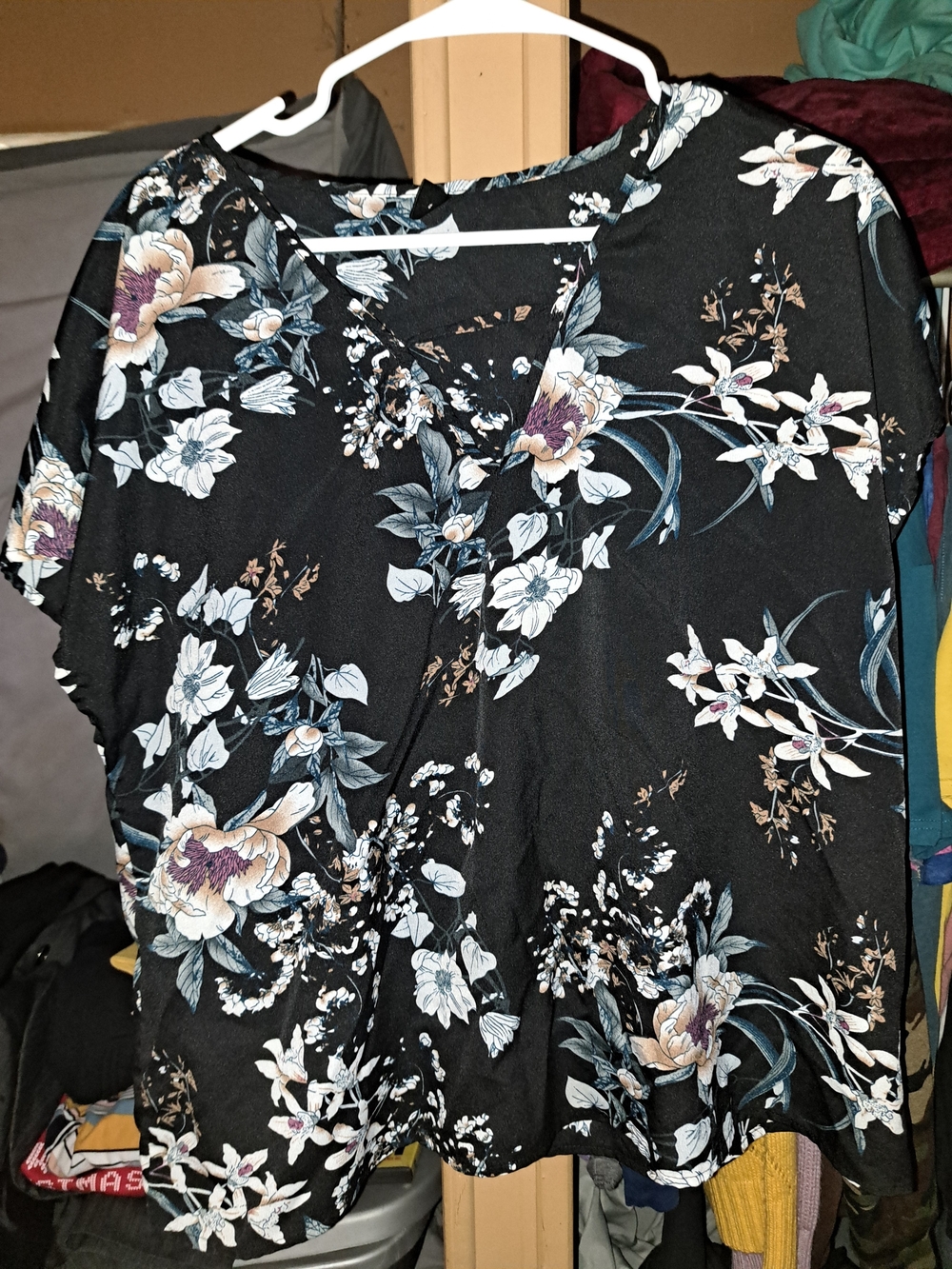 SHEIN Black Floral V-Neck Blouse with Cream and Purple Accents